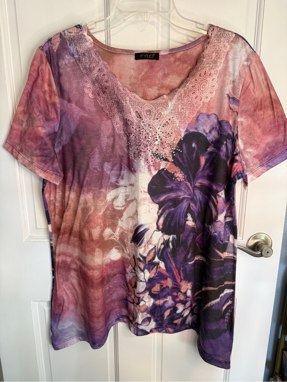 FYLO Pink & Purple Floral Lace-Trim Short Sleeve Top